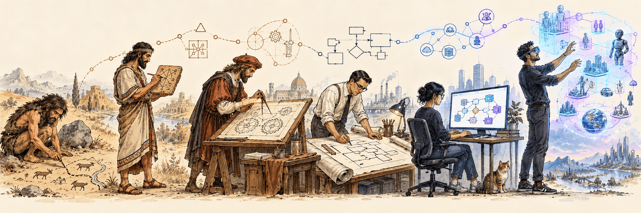 The evolution of diagramming: from early humans drawing in the earth, through tablets, drafting and computers, to navigating holographic systems connecting people, robots and software.